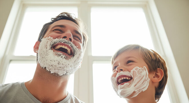 Cheerful father and cute son looking up and laughing with shaving foam perfect for an energetic morning family joy concept