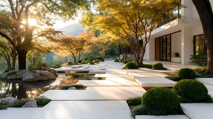 Fototapeta premium Modern minimalist landscape garden with large stepping stones, lush greenery, and contemporary architecture