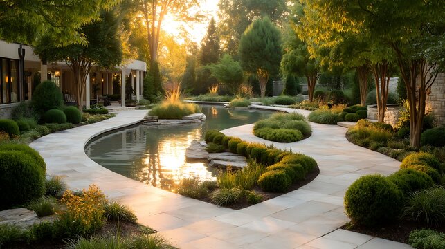 Serene landscaped garden with winding pathway and reflective pond at sunset, lush greenery and decorative plants for outdoor relaxation