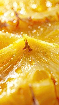 Extreme close-up of a juicy pineapple slice with water droplets and bokeh lights.