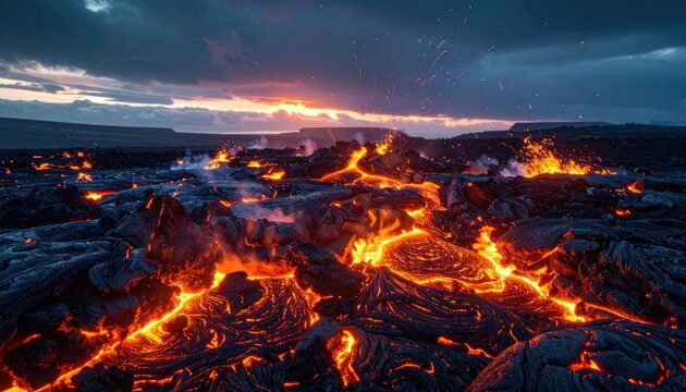 A dramatic landscape showcases glowing lava flows under a moody, cloud-filled sky at sunset.