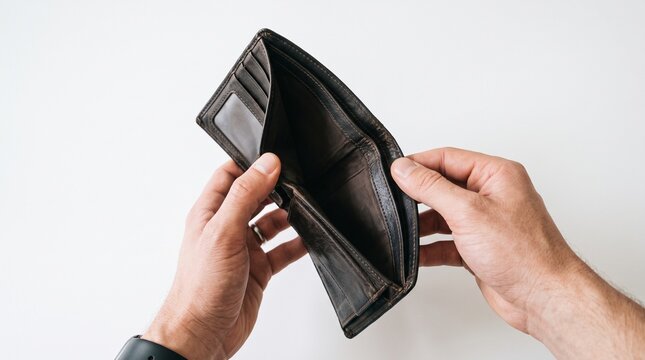 Close up of open empty leather wallet in hands, Symbolizes financial problem and bankruptcy concept, Represents poverty and no savings, Ideal for economy and crisis designs made by AI generative