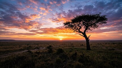 Fototapeta premium A lone acacia tree silhouetted against a vibrant sunset sky over the African savanna landscape with winding dirt roads