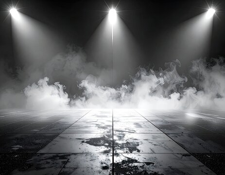 Three spotlights illuminate a smoky stage with a wet, tiled floor.
