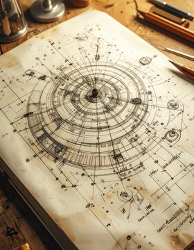 An intricate circular blueprint sketch of a complex mechanical device is laid out on a rustic wooden table.