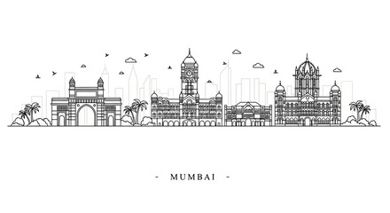 Naklejka premium Mumbai Skyline Outline Drawing - India Landmarks, Architecture, Travel