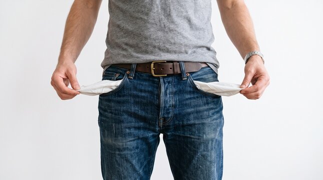 Man showing empty pockets, Concept of financial crisis and poverty, Represents no money and debt, Perfect for business and economy content made by AI generative
