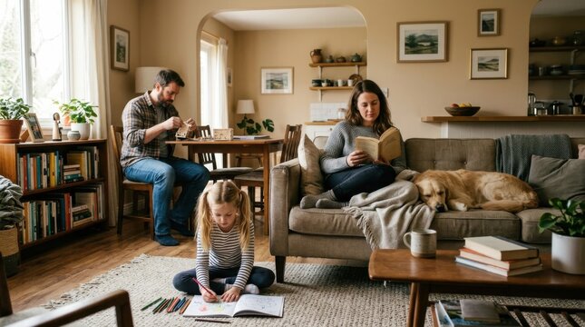 Cozy Family Living Room Scene with Parents and Daughter Reading and Relaxing