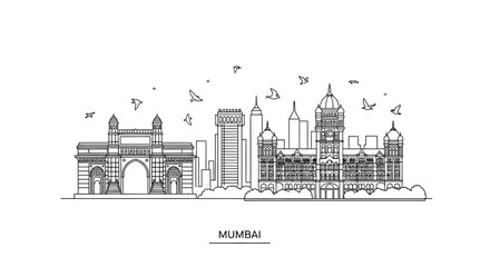 Naklejka premium Mumbai Skyline Silhouette Outline Drawing - Gateway of India Landmark