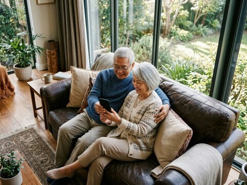 Senior couple relaxing leather sofa looking smartphone screen inside bright modern living room