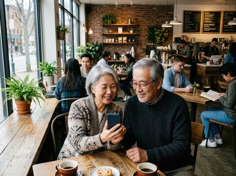 Active senior couple looking smartphone together cozy cafe