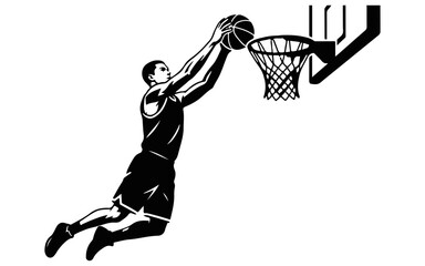 A high contrast black and white silhouette illustration of a basketball player performing a powerful slam dunk into the hoop © RIPA