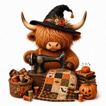 A Highland cow wearing a witch hat sews a Halloween-themed quilt with pumpkins, thread, and sewing supplies around it.