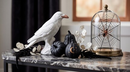 Naklejka premium Elegant Halloween decor with white raven and black pumpkins
