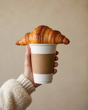 Fresh Golden Croissant Balanced on Takeaway Coffee Cup in Cozy Caf&eacute; Setting