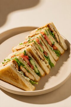 Grilled Chicken Sandwich Triangles on a Beige Plate