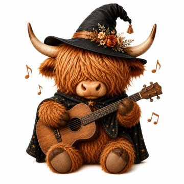 A cute Highland cow wearing a witch hat and cape plays a guitar surrounded by musical notes.