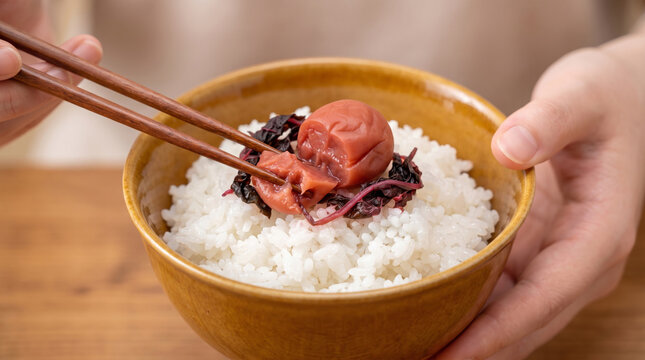 ご飯の上の梅干しを箸でほぐす手元 和食の朝食と伝統的な日本食イメージ