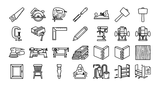 Woodworking and Carpentry Outline Icons, Furniture Making, Wood Tools and Workshop Vector Set