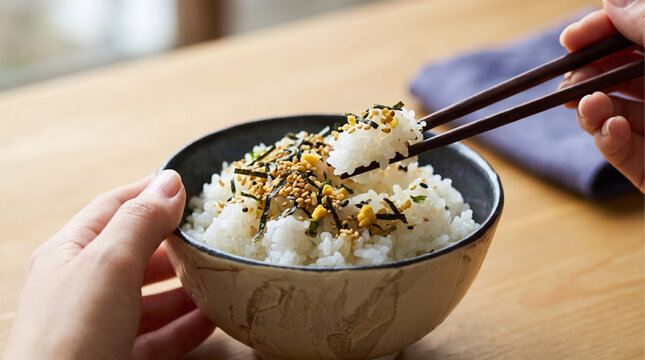 ふりかけをかけた温かいご飯を箸ですくいあげる手元と茶碗の和食イメージ