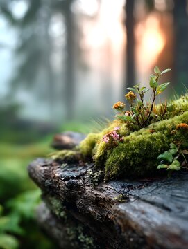 Close-up of vibrant moss and delicate small flowering plants growing on decayed tree bark in a lush green forest at sunset
