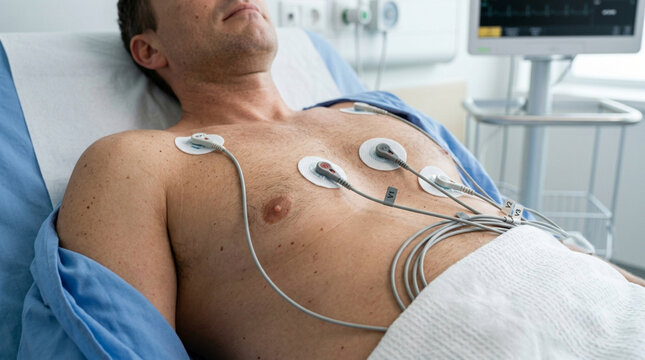 Patient undergoing ECG monitoring in hospital bed with heart rate monitor