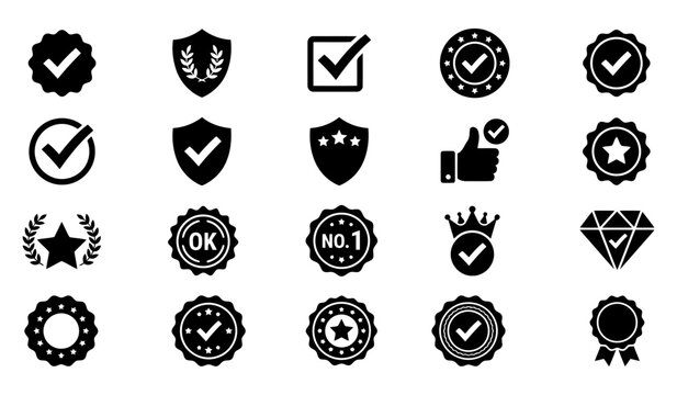A diverse collection of black icons symbolizing quality assurance verification trust achievement and successful completion of tasks