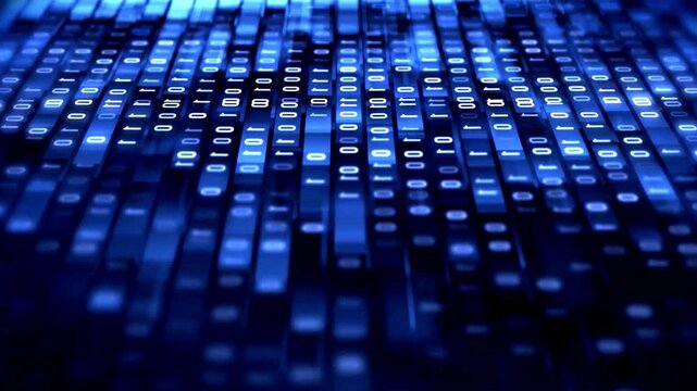 Abstract background featuring binary code stream with glowing blue digital numbers flowing across screen representing information flow in cyberspace technology.