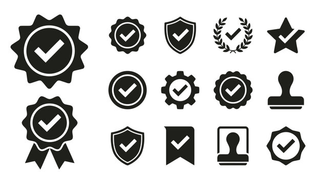 A collection of black and white check mark icons representing quality assurance certification approval validation and professional business verification symbols