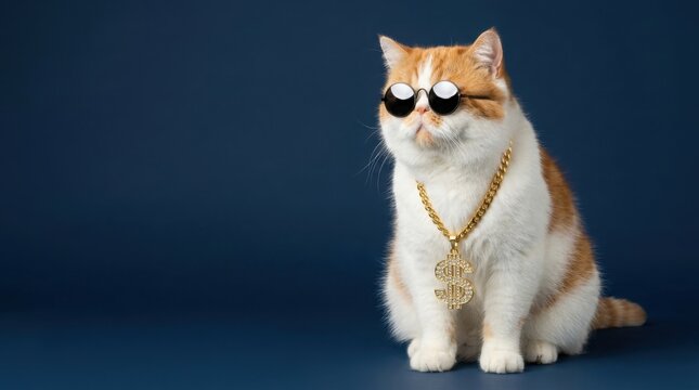 Cool cat wearing sunglasses and a gold chain sitting against a blue background.