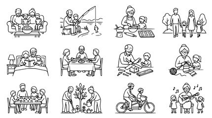 Family Activities Line Art Icons Set: Generations Together, Transparent Background