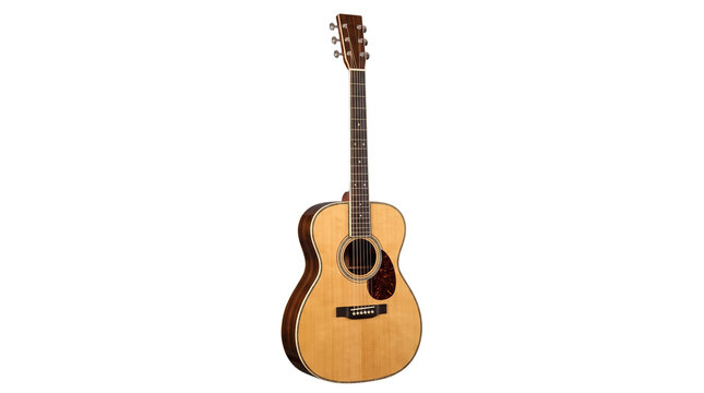 Acoustic guitar with natural wood finish, professional six-string musical instrument, classic wooden folk guitar isolated on white background