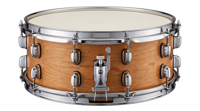 Professional wooden snare drum with chrome hardware, natural oak finish percussion instrument, musical equipment for studio recording