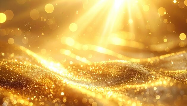 Luxurious golden waves sparkle with light and bokeh effects.