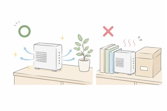 空気清浄機を効果的に使用するための正しい設置方法と悪い例を比較したイラスト