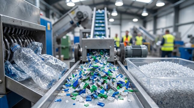 Plastic bottles and colorful fragments are processed into recycled flakes and clean pellets on an automated conveyor system inside a modern recycling facility.
