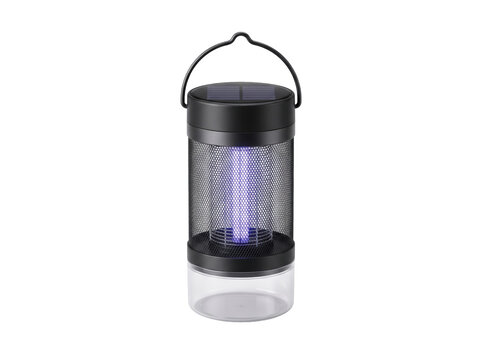 Solar-powered outdoor insect trap glowing at night. Eco-friendly bug zapper with UV light for garden pest control.
