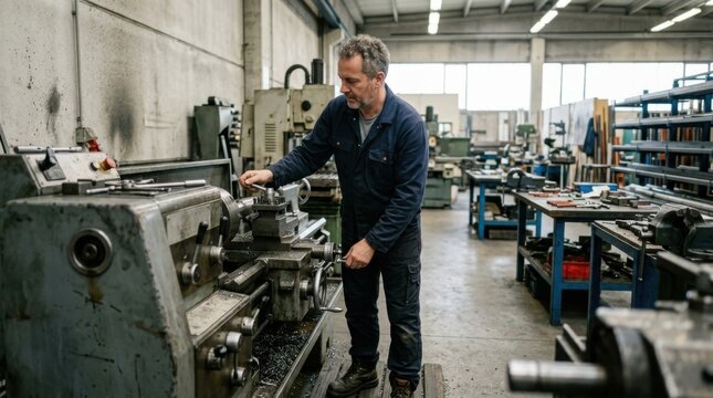 Man Operating Lathe Machine in Industrial Workshop with Machinery and Tools
