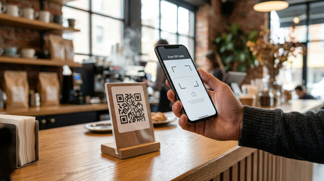 Customer pays with smartphone scanning QR code at cafe counter, contactless payment