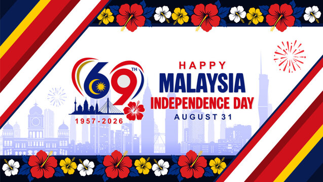 Happy Malaysia Independence Day 2026 banner with 69th anniversary logo, red hibiscus borders, and fireworks.