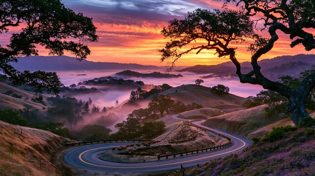 Stunning scenic landscape with winding asphalt road through rolling misty green hills during vibrant colorful sunset framed by large old oak trees shows peaceful natural countryside beauty