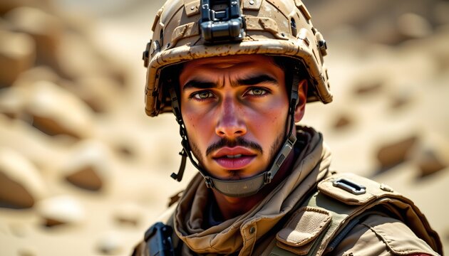 The image features a soldier in a desert like environment, wearing a tactical helmet and gear. His face displays a focused and intense expression, with piercing eyes staring directly ahead