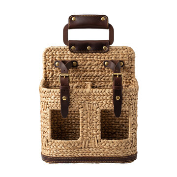 Handwoven abaca wine bottle tote bag with leather straps. Eco-friendly rattan gift carrier for bottles and beverages.