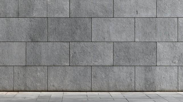 Full background of large rectangular cut grey stone tiles wall and matching grey stone paved floor with clean grout lines shows neutral textured architectural outdoor surface