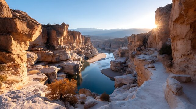 Scenic canyon landscape with rocky cliffs, river, and sunset illuminating the sky in a desert environment