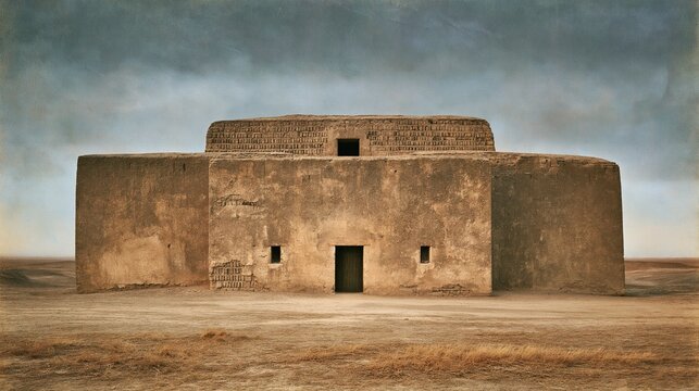 Ancient adobe brick building with stepped geometric design sitting alone in dry desert landscape under moody overcast sky shows minimalist ancient vernacular architecture