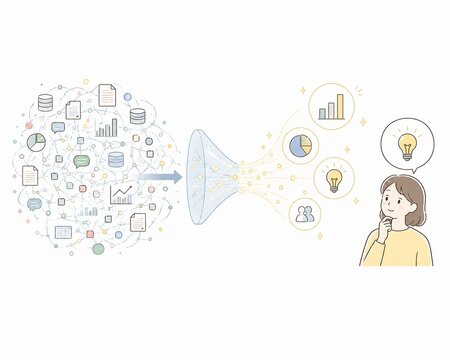 大量のデータを分析し新たなアイデアやビジネスインサイトを創出する女性のイメージ