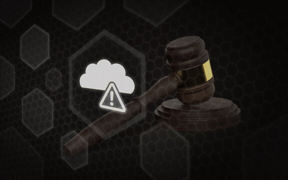 This legal warning image highlights cloud compliance risks and data security regulations. A wooden judge gavel stands beside a digital cloud and warning symbol on a dark network background.
