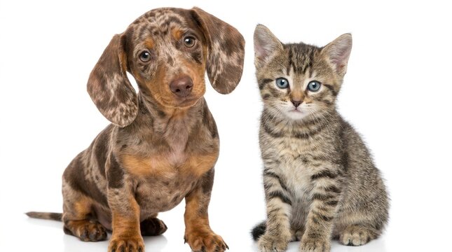 Cute Dachshund Puppy and Tabby Kitten Sitting Together on White Background.
