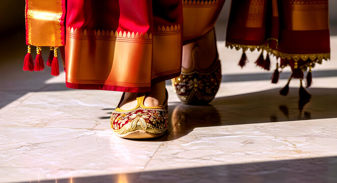Traditional Indian Bridal Jutti With Gold Embroidery and Silk Saree
